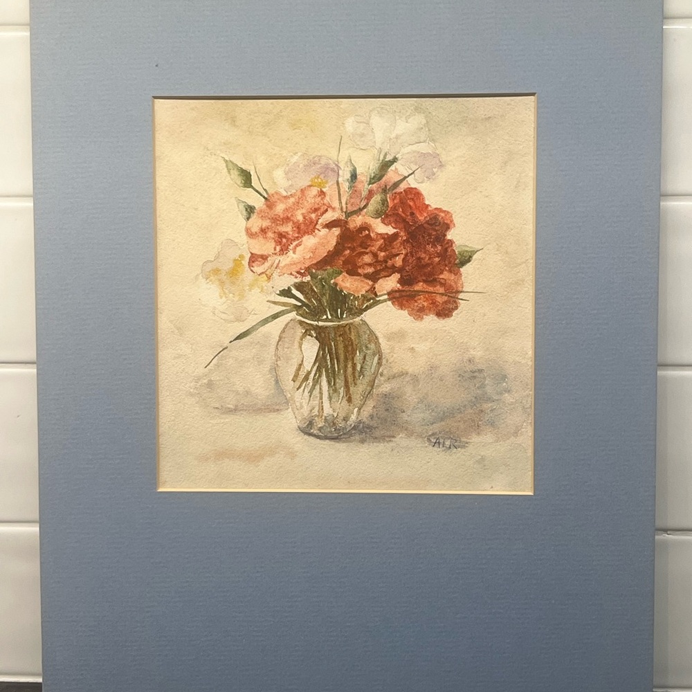 ORIGINAL hand painted Floral Watercolor Art in Blue Mat